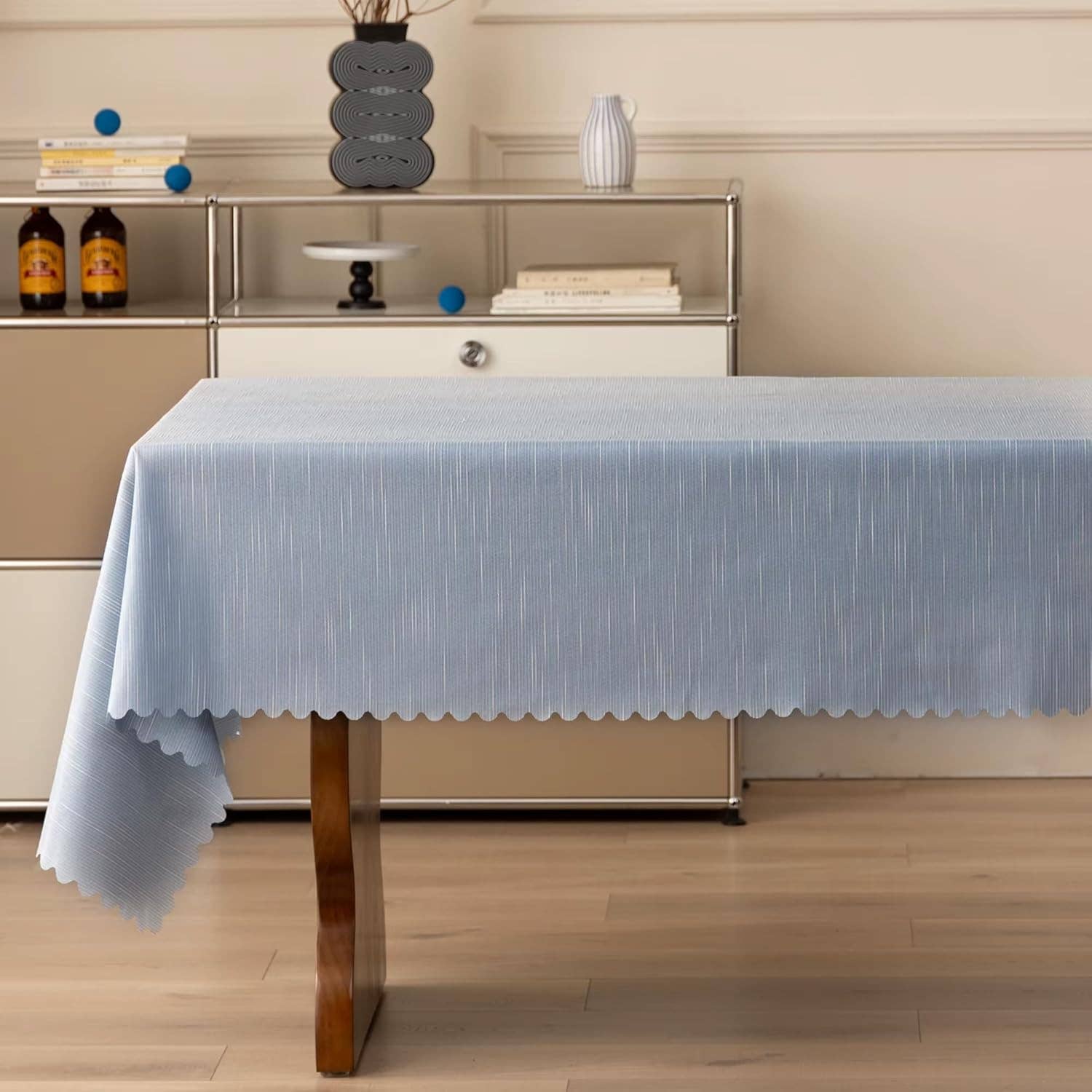Fennco Styles - Wholesale Tablecloth - Blue Scalloped Edge Vertical Textured Striped Tablecloth1