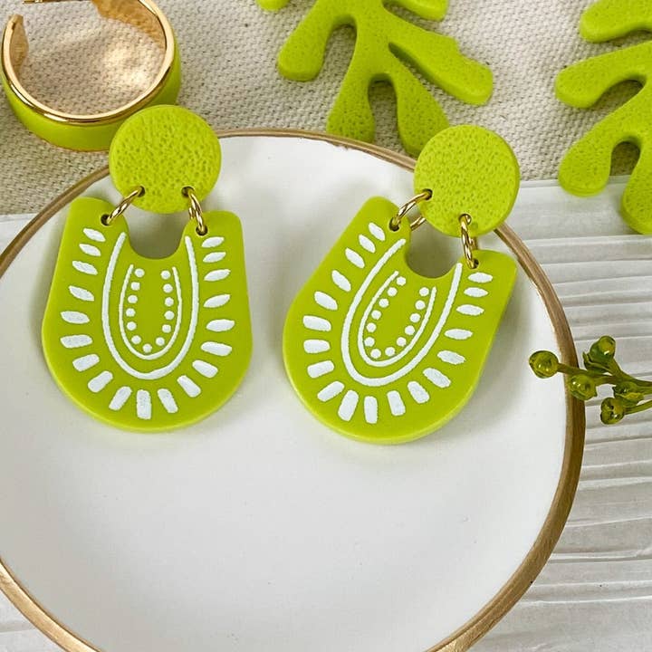 Athena Earrings in Chartreuse + White for wholesale by Crescent City Clay