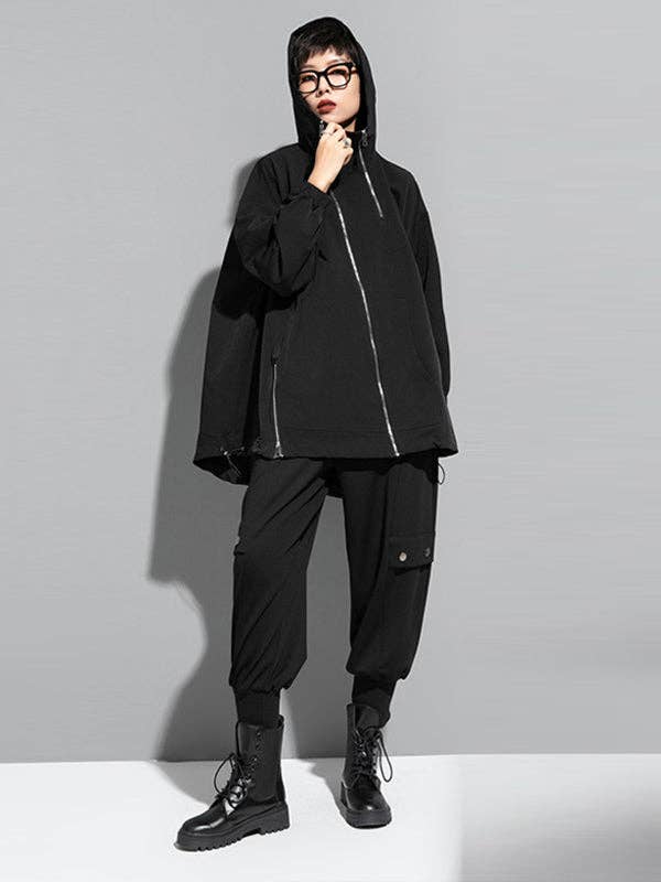 BLACK Fashion Irregularity Loose Solid Color Zipper Hooded Outerwear for wholesale on Faire14