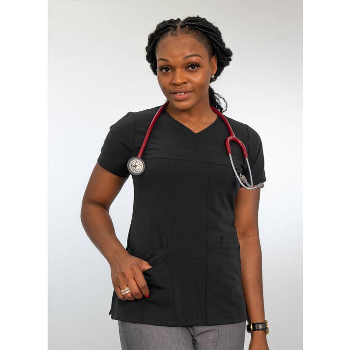 Wozo Uniforms - Wholesale Healthcare Uniform - Women's - ANTIMICROBIAL SIMA REFINED V-NECK SCRUB TOP XXS-5XL / BLACK