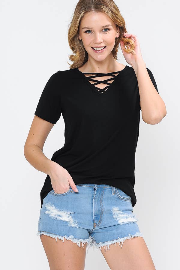 Burgundy Apparel - Wholesale Knit Top - Women's - CRISS CROSS SHORT SLEEVE TOP0