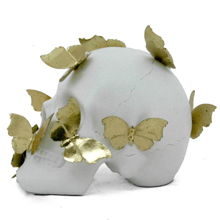 Modern World by Contrast Inc. - Wholesale Decorative Figurine - White Skull with Metal Butterflies3