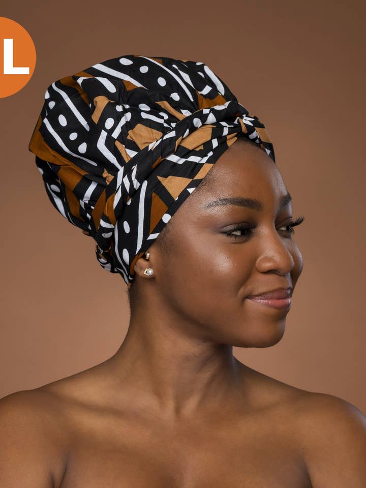 XL Easy hoofddoek - Satijnen gevoerde haarmuts - Bruin Zwart Bogolan voor wholesale door AfricanFabs