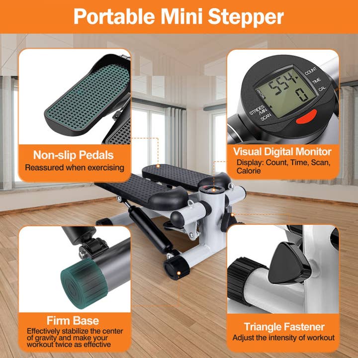 Grey Stepper for Exercise Mini Fitness Stepper with 2 Resistance Bands LCD Monitor Max 330.7LBS Load Stair Stepper Quiet Stepper for wholesale on Faire4