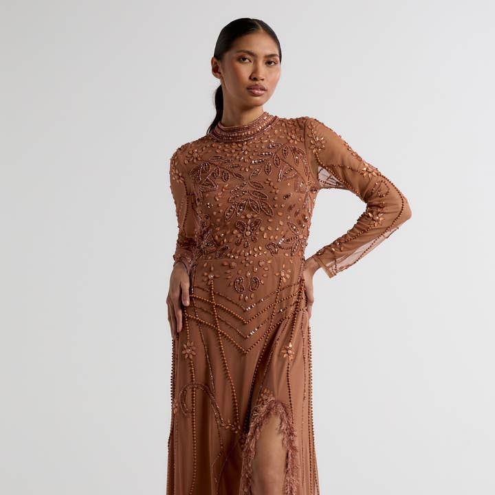 Solene Bronze Embellished Maxi Dress for wholesale by Frock & Frill