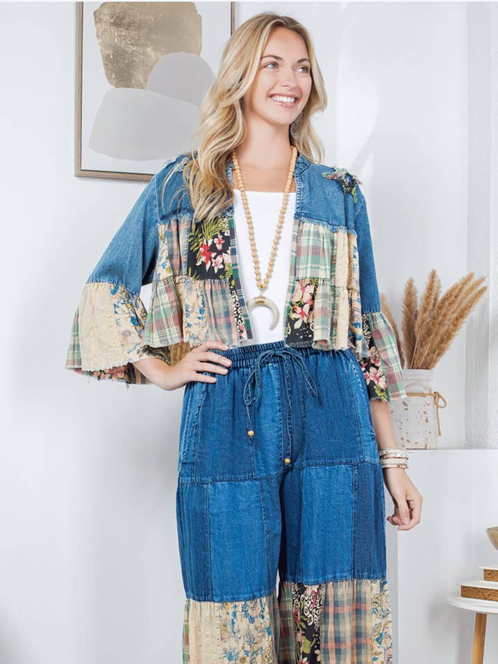 Young Threads - Wholesale Shirt Jacket/Shacket - Women's - Western Boho Chic: Tiered Patchwork Denim Cropped Shrug