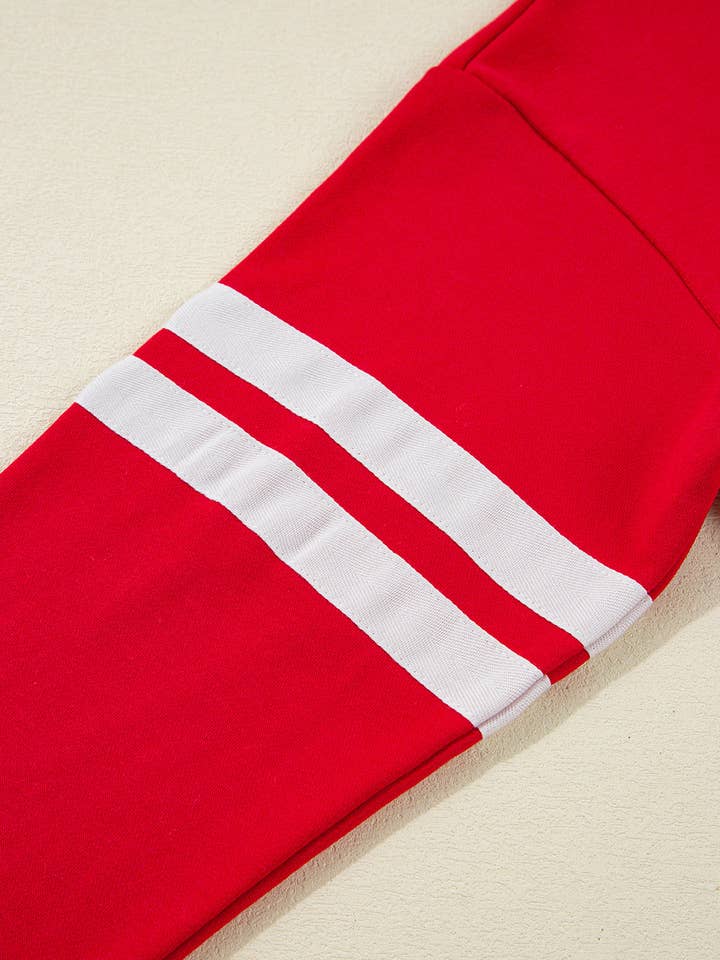 Fiery Red Varsity Striped Sleeve Drop Shoulder Sweatshirt and Short Set for wholesale on Faire6