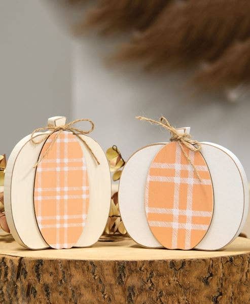 Col House Designs - Wholesale Decorative Tabletop Object - Cream & Orange Plaid Wooden Pumpkin Sitter, 2 Assorted1