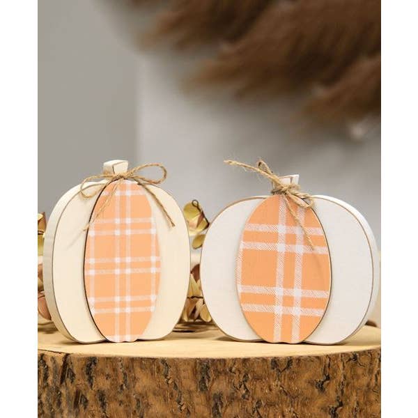 Col House Designs - Wholesale Decorative Tabletop Object - Cream & Orange Plaid Wooden Pumpkin Sitter, 2 Assorted1