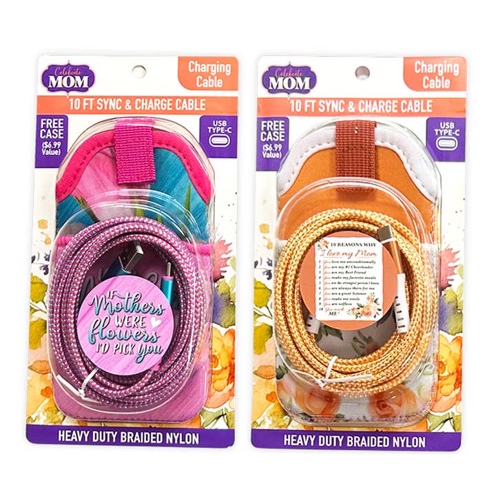 10ft Charging Cable & Pouch Mother's Day Assortment- 2/Pack for wholesale by Novelty Closeout