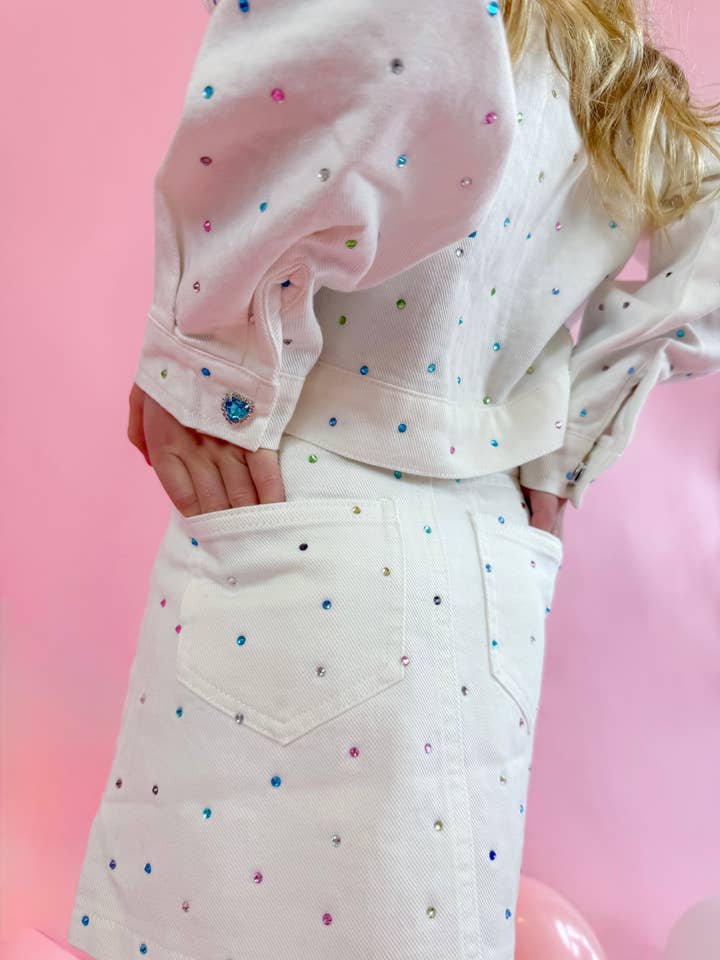 Ellie and Mila - Vente Ensemble haut et jupe – enfant - Ensemble Gemmes en Denim Blanc - Veste et Jupe tendance4