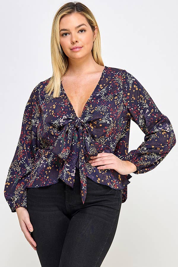 Haute Fox Plus Size & Contemporary - Wholesale Blouse - Dames - Top met strik aan de voorkant en bloemenprint in grote maten JK18498-T10