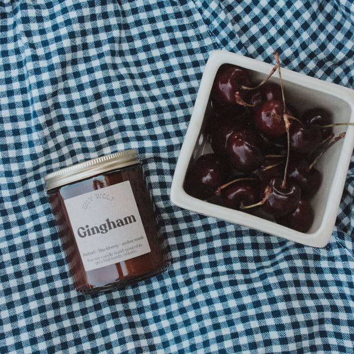 Shy Wolf Candles - Wholesale Jar/filled candle - Gingham Candle - slow summer - rhubarb berry cottage core2