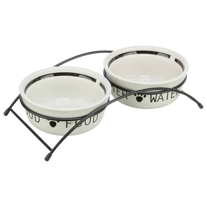 Ceramic and Metal Dog Food & Water Bowl Set (White/Black) for wholesale by Trixie UK