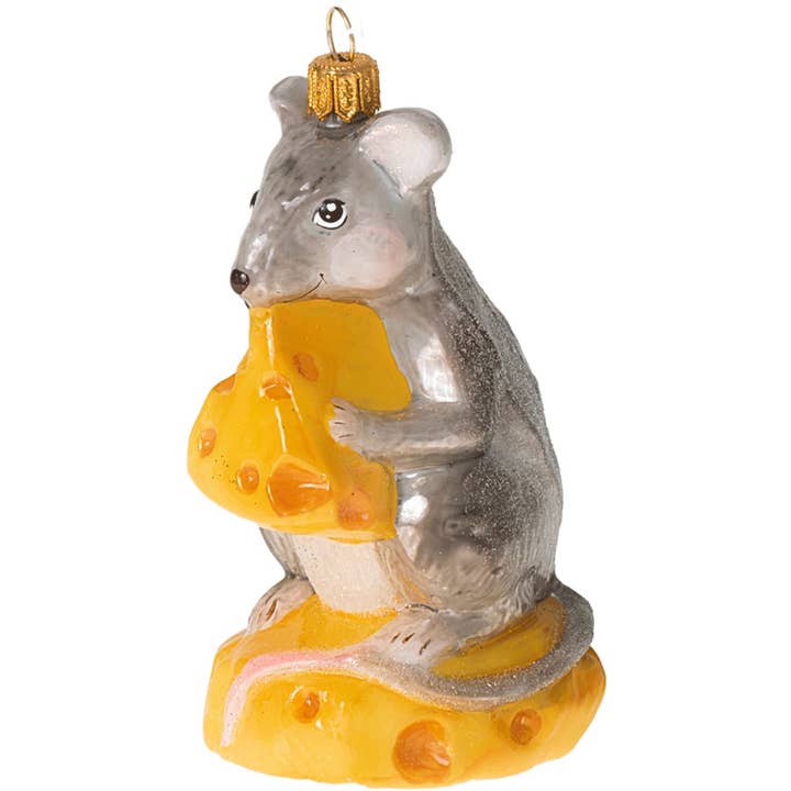 Mouse Eating Cheese Polish Blown Glass Christmas Ornament for wholesale by Pinnacle Peak Trading