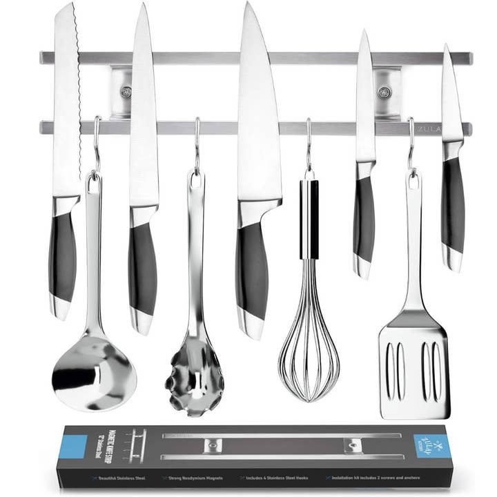 Zulay Kitchen – wholesale Knife storage – Stainless Steel Knife Magnetic Strip With Hanging Hooks8