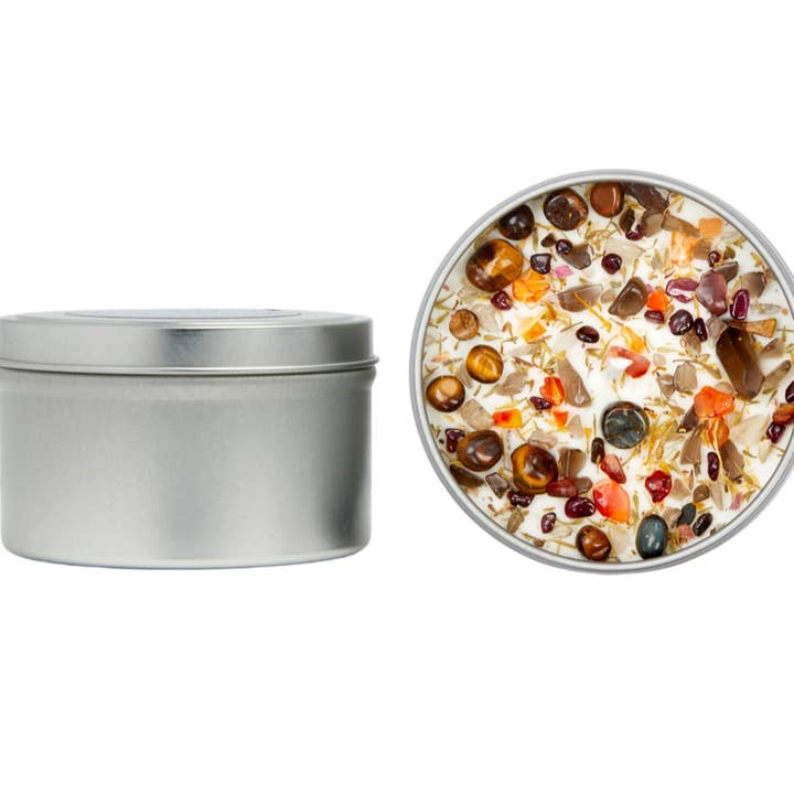 New Moon Beginnings - Wholesale Travel Candles - Crystals & Herb Energy Candles 8oz Tin Soy Candles Handmade55