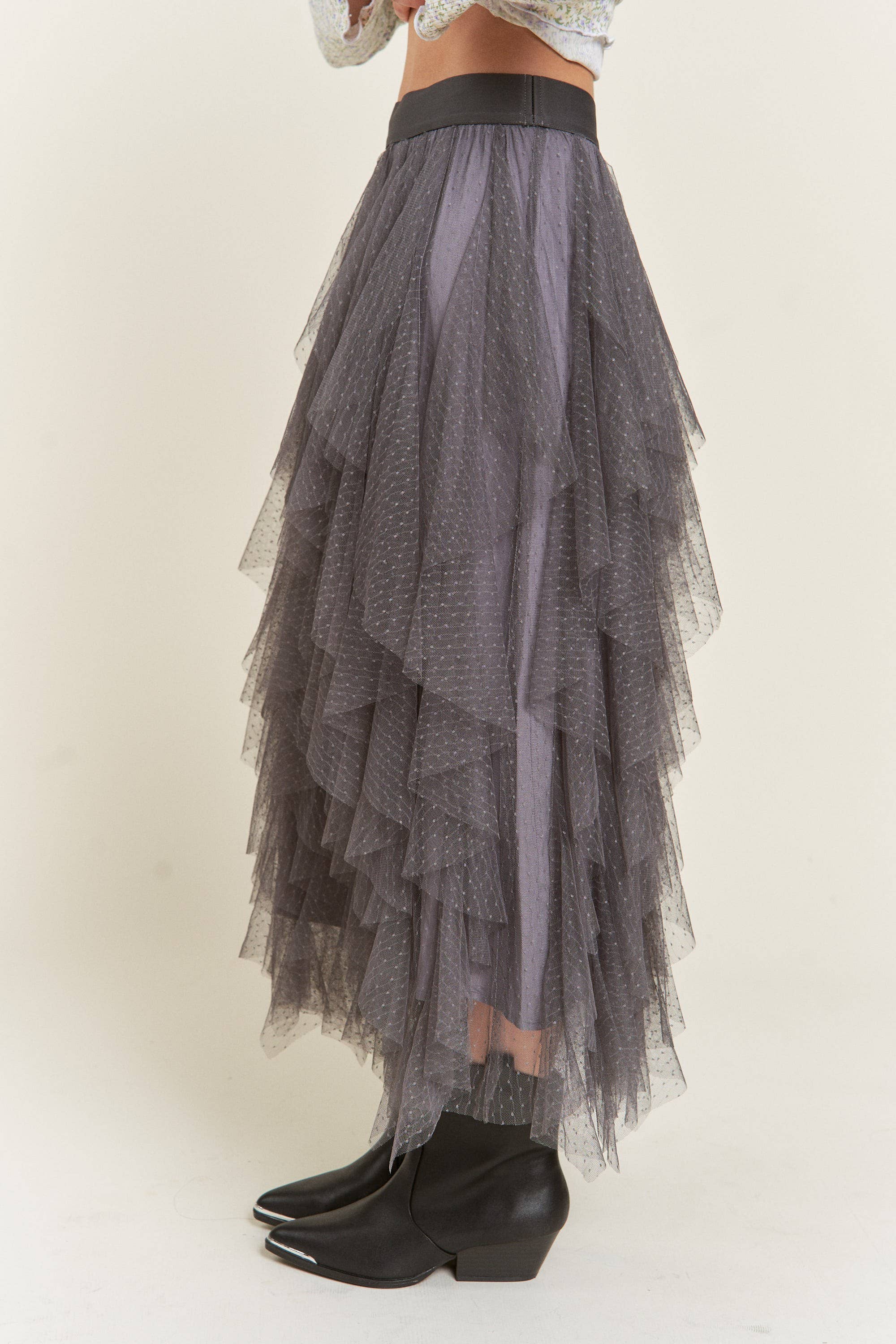 JADE BY JANE - Vendita all'ingrosso Gonna - Donna - Gonna midi a linea A con balze in tulle a pois e fodera10