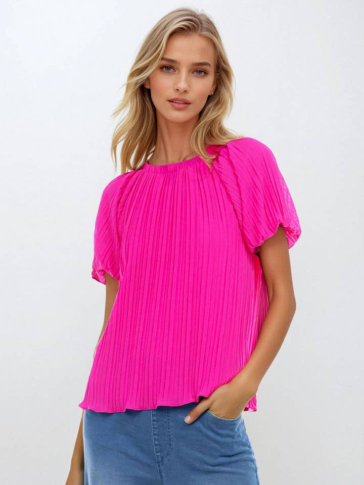 Bubble Sleeve Pleated Blouse for wholesale by Naked Zebra