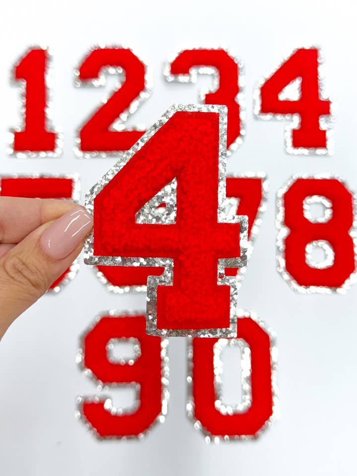 Red Silver Numbers Glitter Embroidery Patch for wholesale by ABLNco