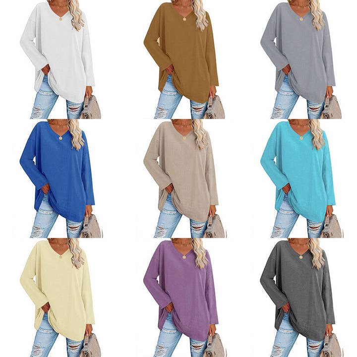 pinkblu02 - Wholesale Tunic - Women's - Women Casual Solid Color V-Neck Long Sleeve Blank T-Shirt