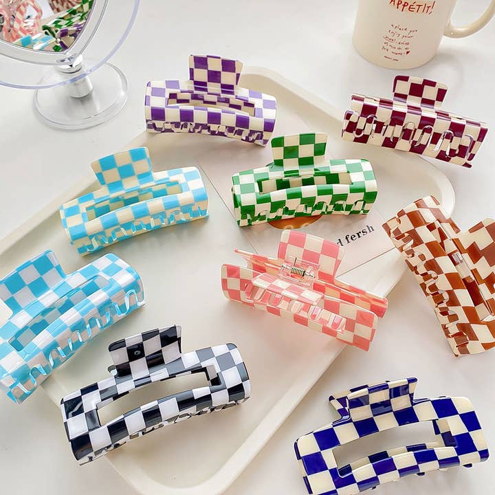 ACCITY - Wholesale Hair Clip - Women's - 4.13"IN SQUARE CHECKERED HAIR CLAW CLIPS_CWAHA0395