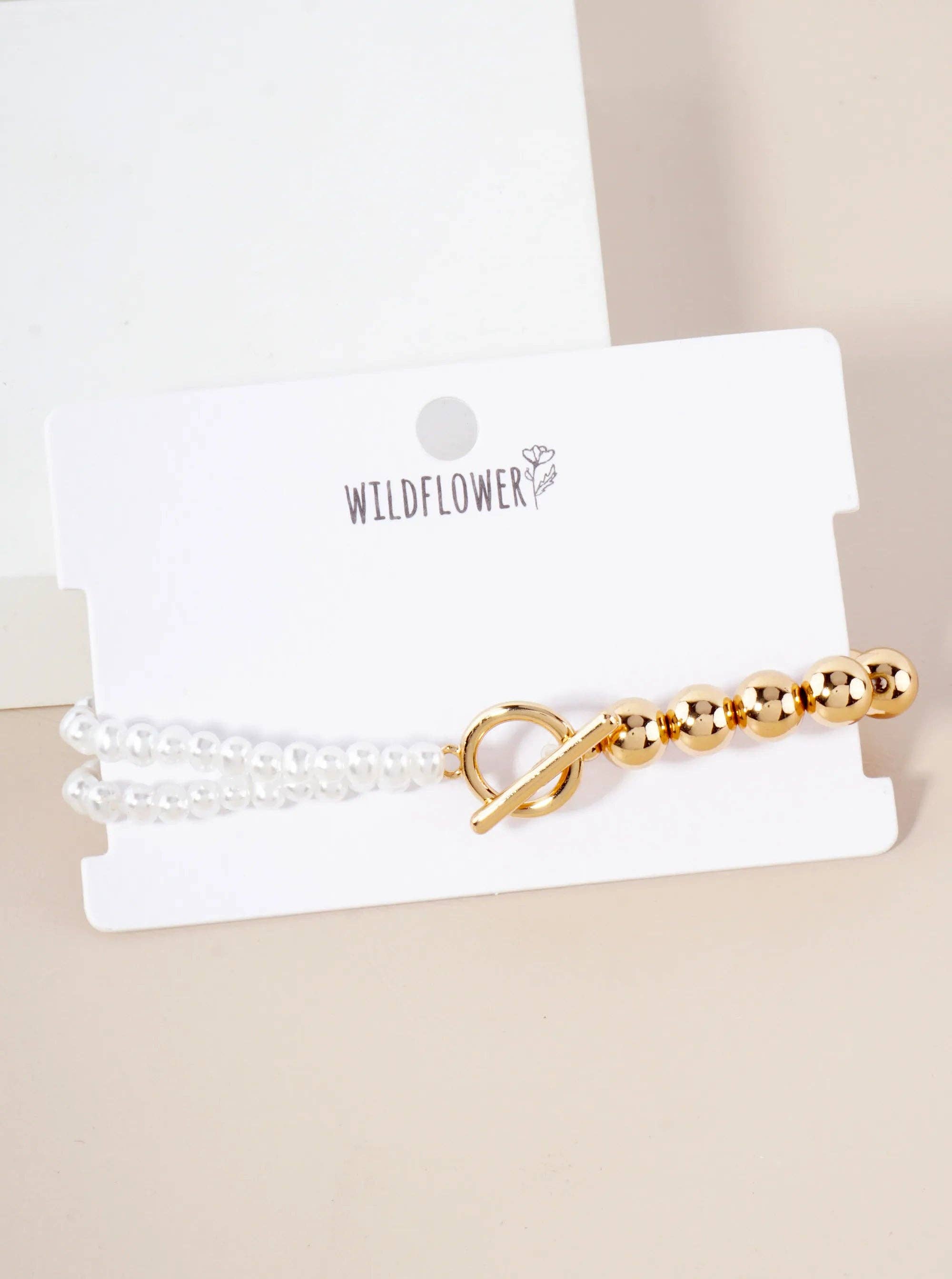 Wild Honey - Wholesale Beaded Bracelet - 7mm Metallic-Bead 4mm Pearl-Bead Toggle-Closure Stretch Bracelet2