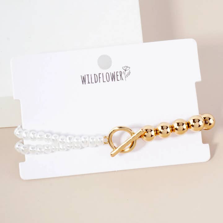 Wild Honey - Wholesale Beaded Bracelet - 7mm Metallic-Bead 4mm Pearl-Bead Toggle-Closure Stretch Bracelet2