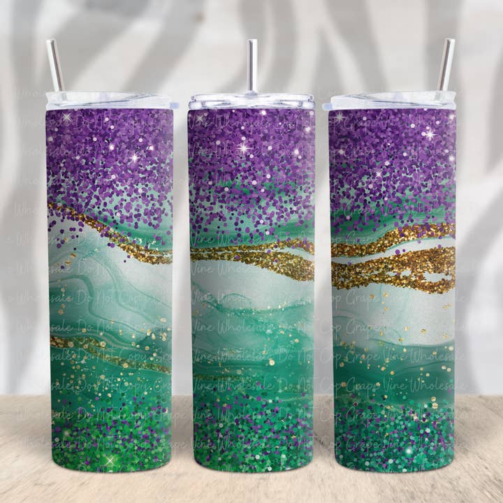 Mardi Gras agate Glitter 20oz Tumbler for wholesale by GrapeVineWholesale