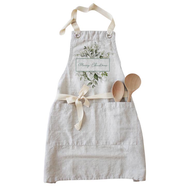 Natural Merry Christmas Greenery Apron for wholesale on Faire0