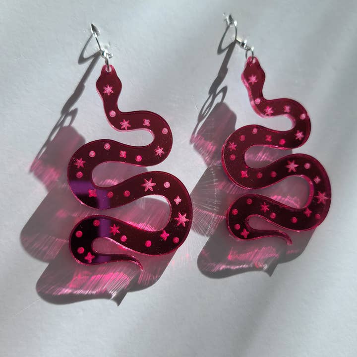 Celestial Snakes on Mirrored Pink Acrylic - Large - Earrings - Laser Cut for wholesale by Mini Kitty Designs