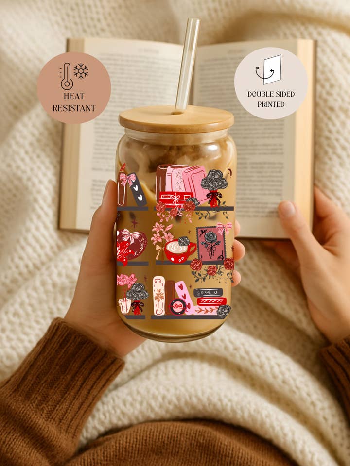 Valentine’s Bookshelf Glass Cup + Lid,Straw Double Sided for wholesale by the cute cloud