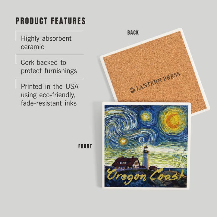Lantern Press - Wholesale Coasters - CERAMIC COASTER Oregon Coast, Lighthouse, Starry Night