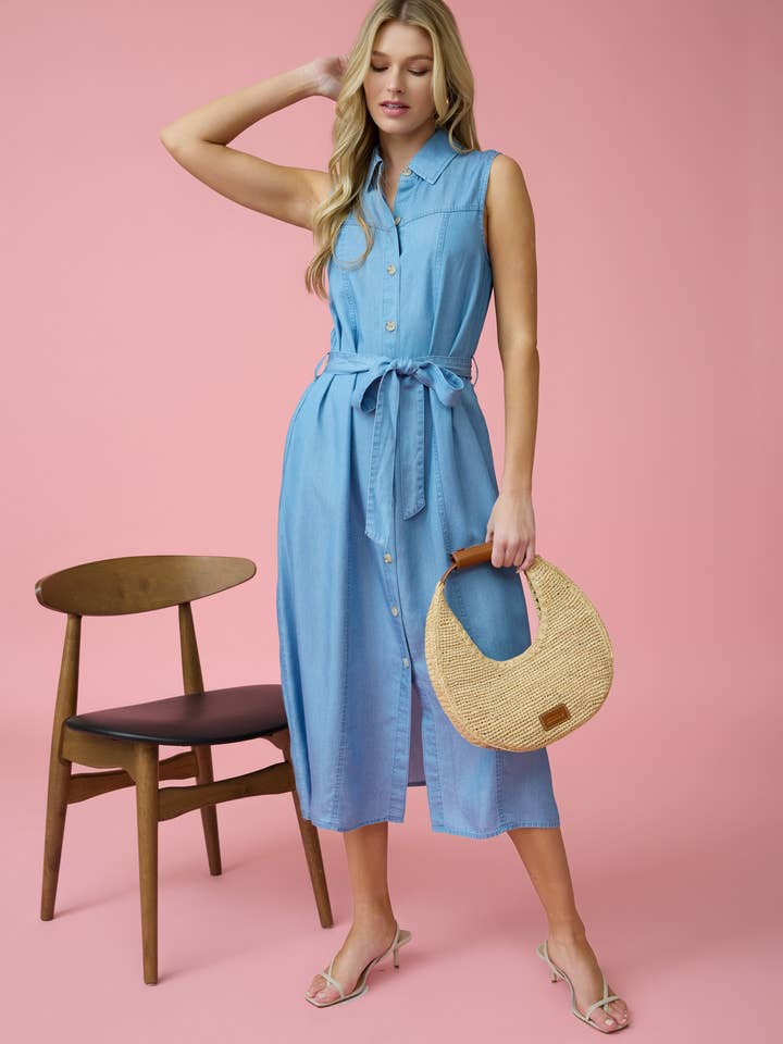 COLLARED SLEEVELESS BELTED CHAMBRAY MIDI DRESS for wholesale on Faire