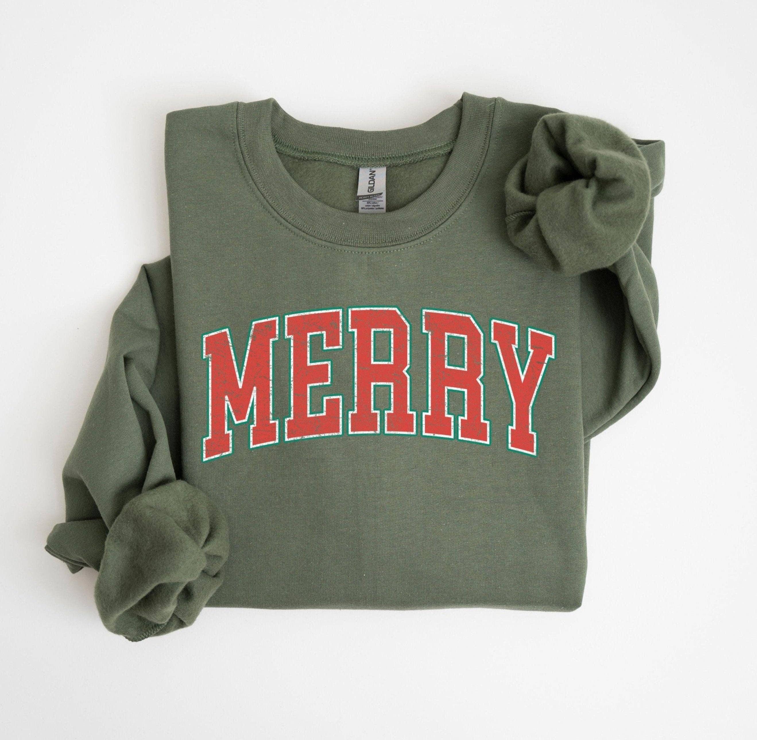Military Green Distressed Vintage Merry Oversized Christmas Sweater for wholesale on Faire5