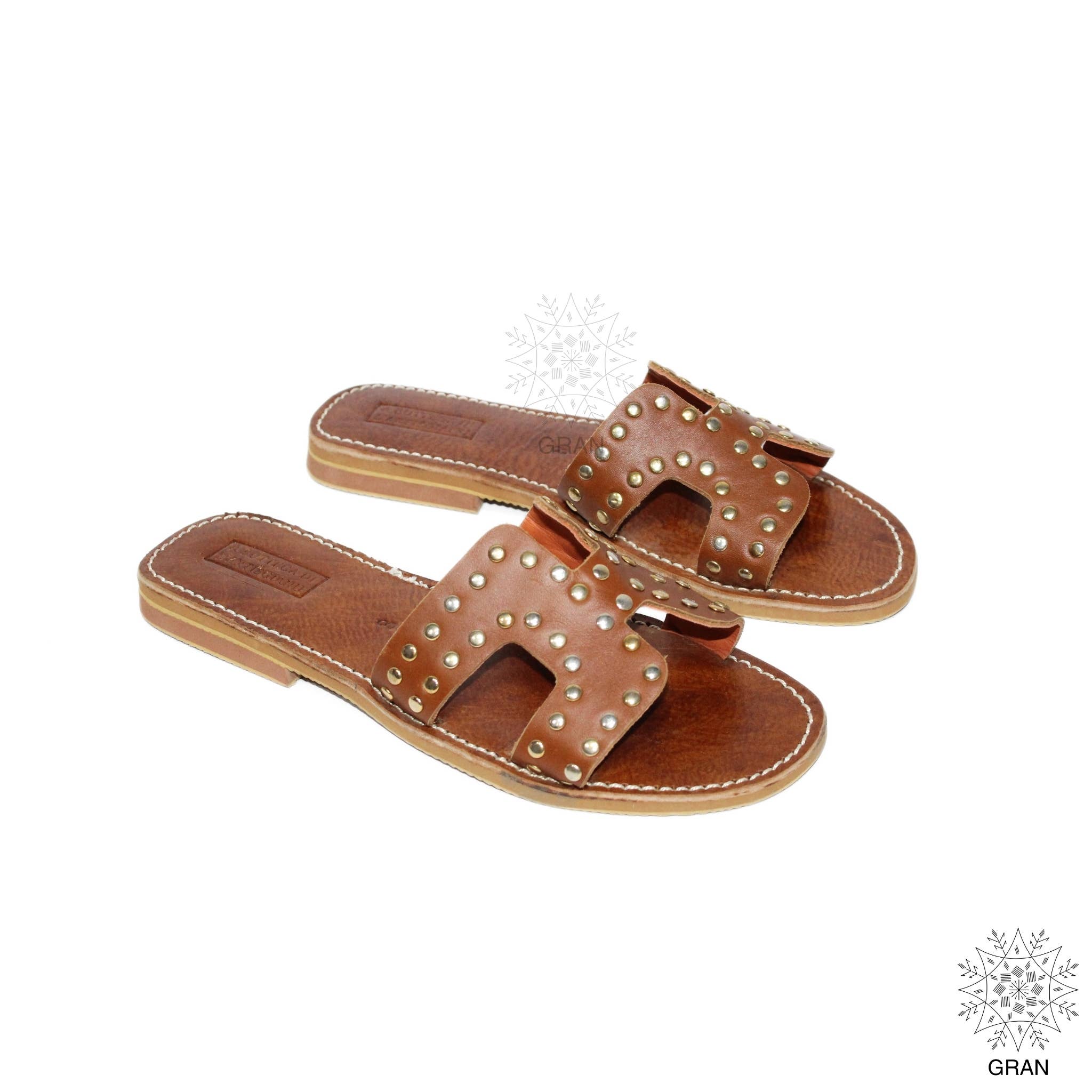 Gran Wholesale - Wholesale Sandals - Women's - Studded Leather Slide Sandals, Comfy Flat Strappy Footwear.6