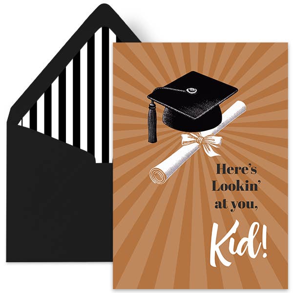 Mod Lounge Paper Company - Wholesale Graduation card - Heres Lookin' At You Kid Vintage Cap and Scroll Grad Card