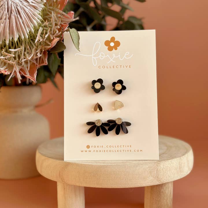 Foxie Collective - Wholesale Jewelry Set - Stud Pack Trio | Black + Gold | WHOLESALE