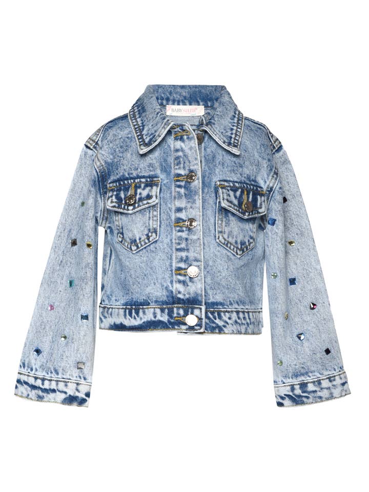 Blue Acid Wash Denim Jacket W/ Rhinestones at Sleeves for wholesale on Faire