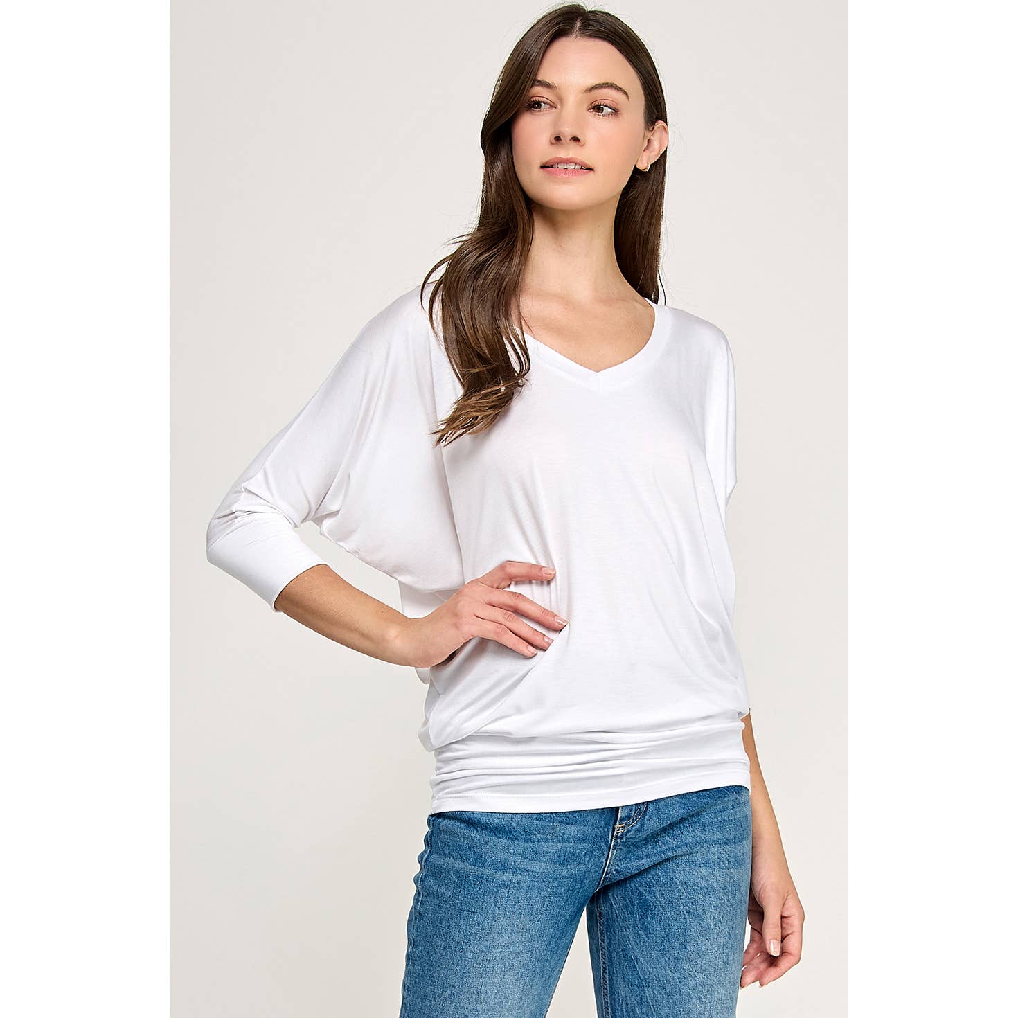 Heimious - Wholesale Knit Top - Women's - 3/4 Dolman Sleeve V-neck Modal Jersey Top, 2573116