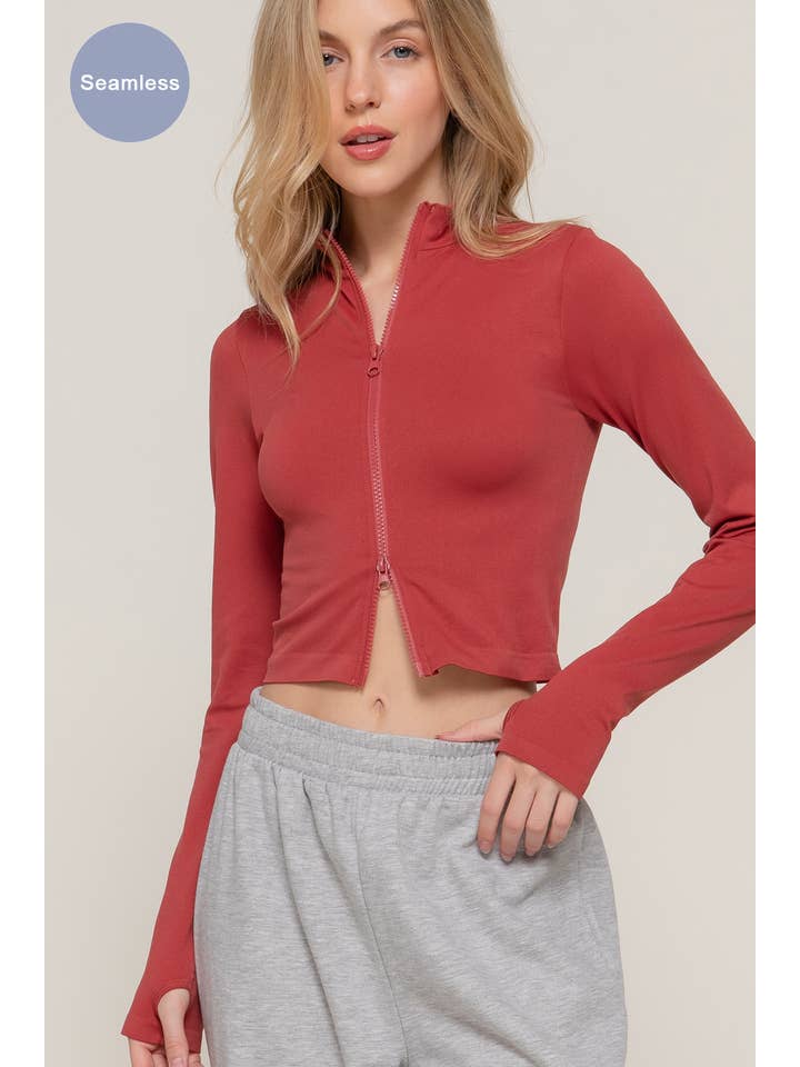 Active Basic | Active USA - Wholesale Athletic Top - Women's - Long Sleeve with Thumbholes Mock Neck Zip Up Seamless Top