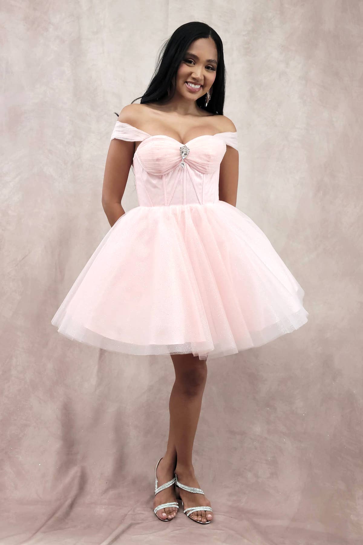 Chicas - Wholesale Dress - Women's - Short Off The Shoulder Tulle Dress With Brooch5