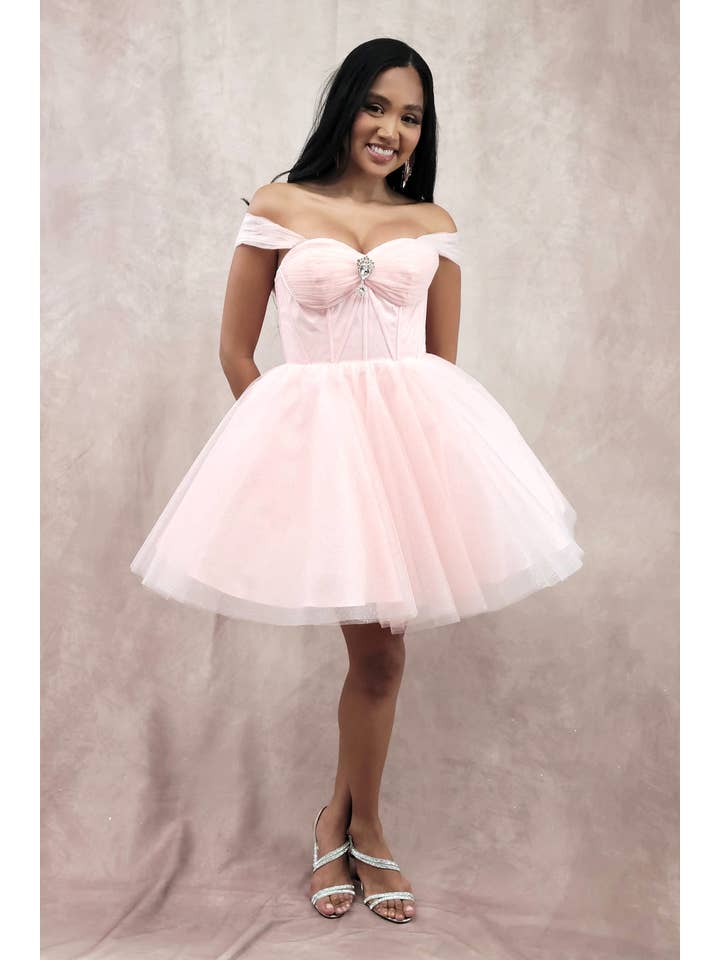 Chicas - Wholesale Dress - Women's - Short Off The Shoulder Tulle Dress With Brooch5