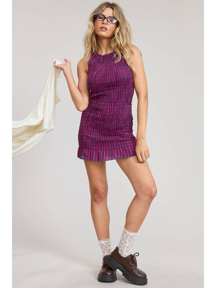 Mimosa - Wholesale Dress - Women's - Smocked Plaid Mini Dress with Ruffle Hem