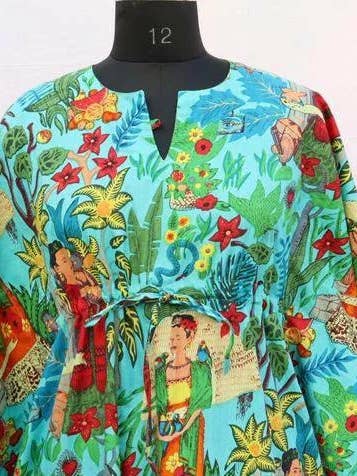 GYPSY STUDIO - Vendita all'ingrosso Caftano - Donna - Caftano da donna in cotone Frida Kahlo taglia grande abito maxi estivo