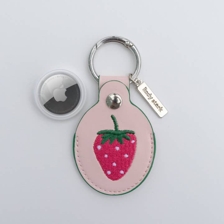 Strawberry Embroidered Leather AirTag Keychain/Bag Charm for wholesale by Lindy Stark Designs