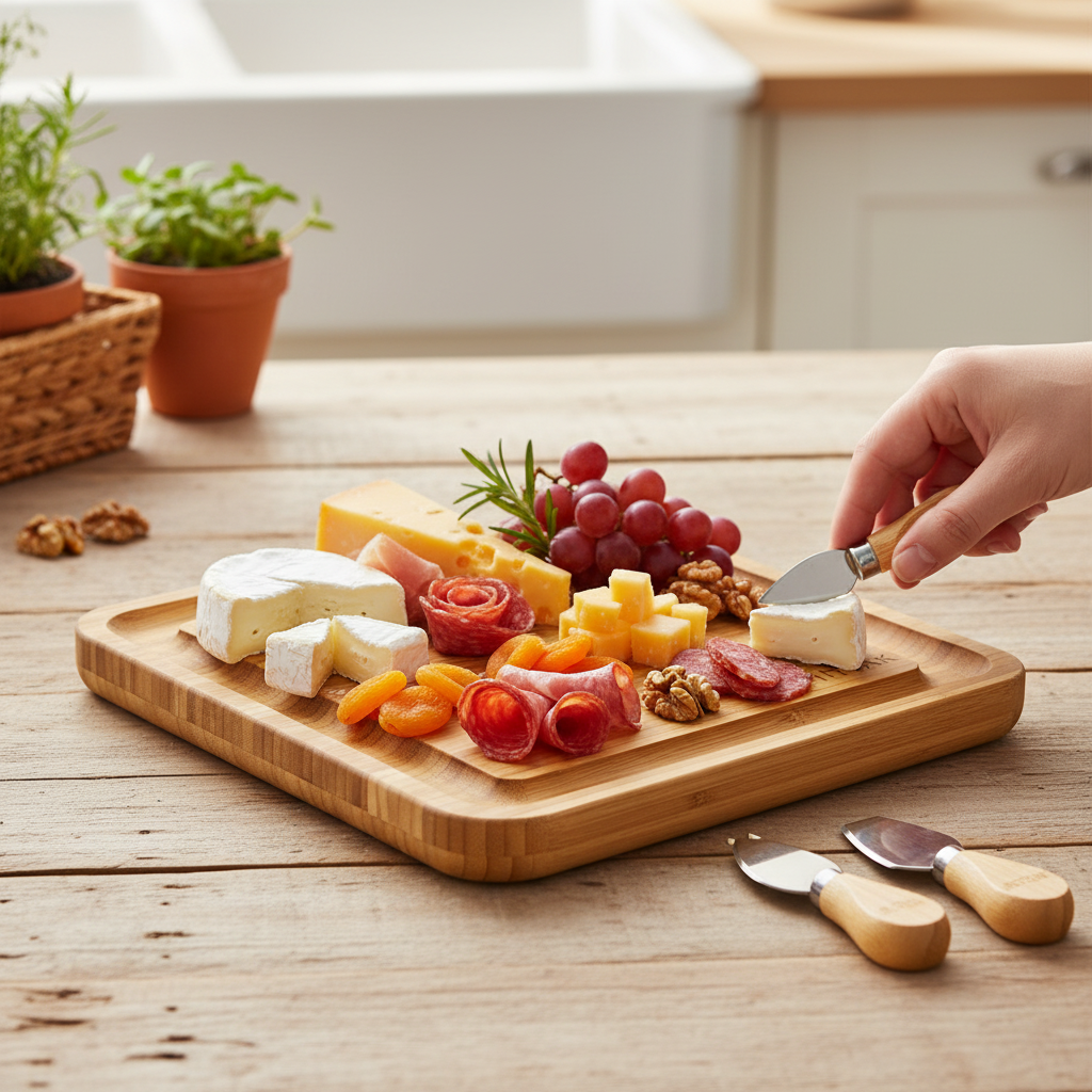 Kadra Kitchenware – wholesale Cheese board – MITBAK Bamboo Charcuterie Board with Cheese Knives Set1