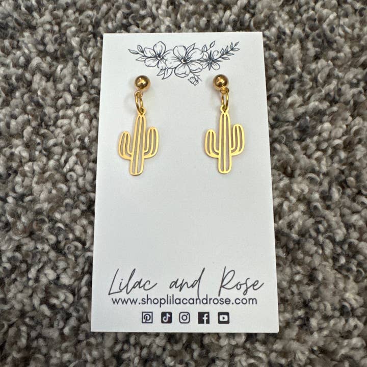 ✅ Gold Cactus Line Art Earrings – Minimal Desert Design with Modern Shine for wholesale by Lilac and Rose