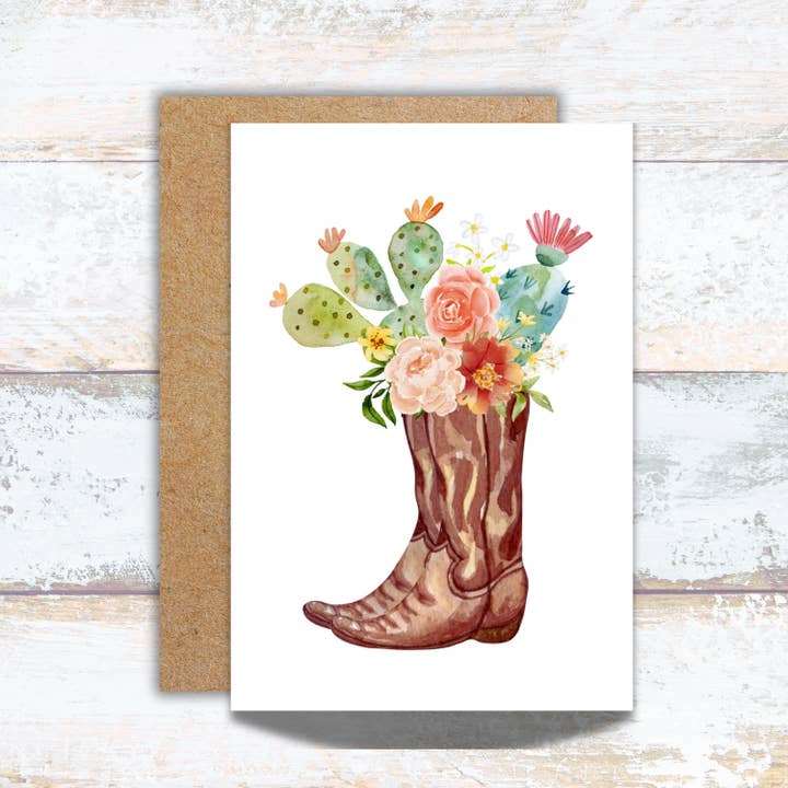 Cactus en Bloemen Cowgirl Laars Wenskaart voor wholesale door Designs by Michaela