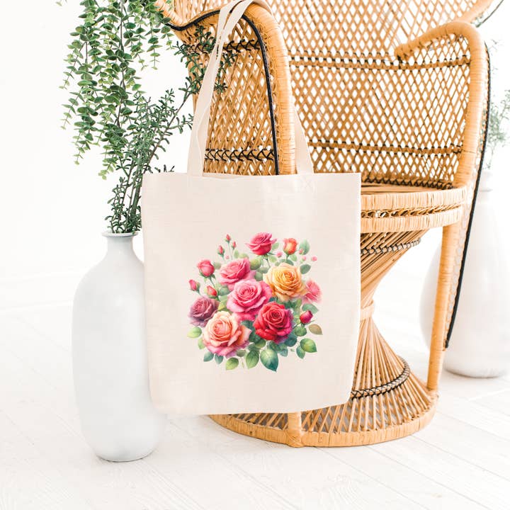 The Sankofa Cache – Großhandel Tragetasche – Damen – Ausgefallene Blumen - Rosen - Leinwandtasche - 15" H x 15" B1